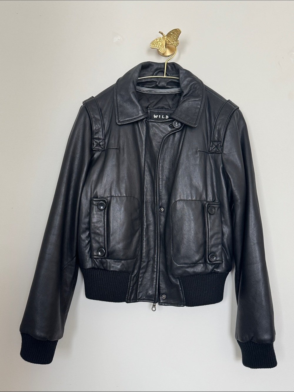 WILDA Black Leather Cropped Bomber Jacket Zip Out Lining Size Small